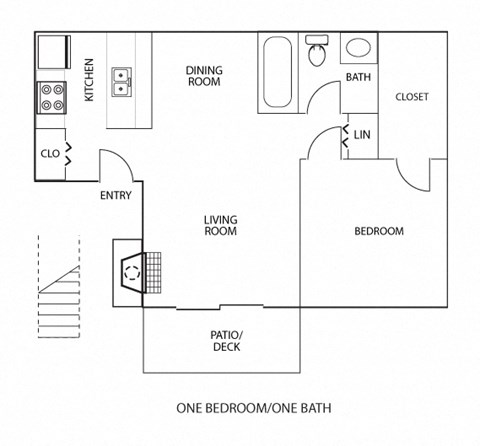 Floor plan for 1 bed, 1 bath, 665 sqft